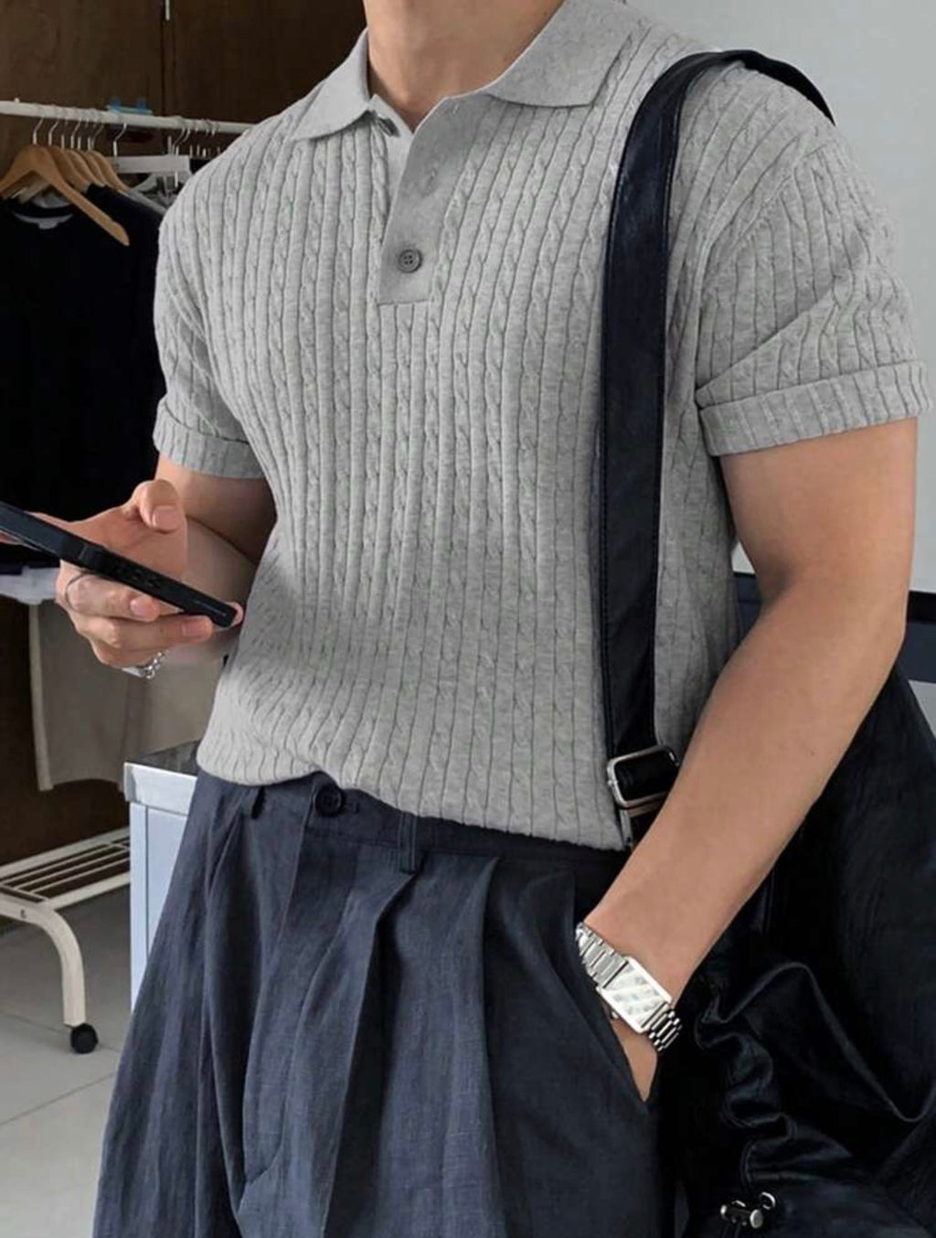 Men’s Solid Polo Neck Knit Top – Casual Short Sleeve Summer Shirt