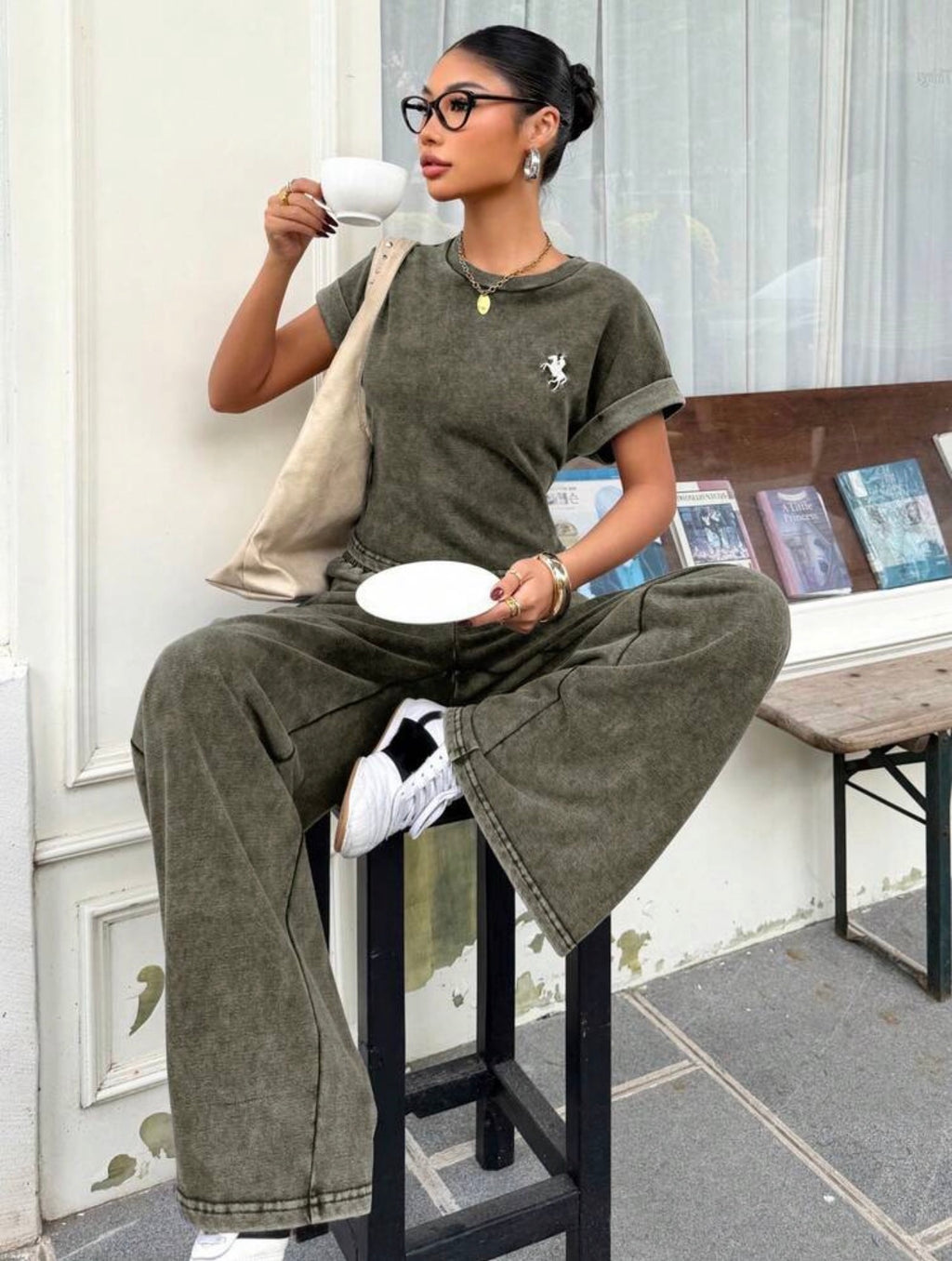 Women’s Vintage Washed Embroidered Loose T-Shirt & Wide Leg Pants Two-Piece Set