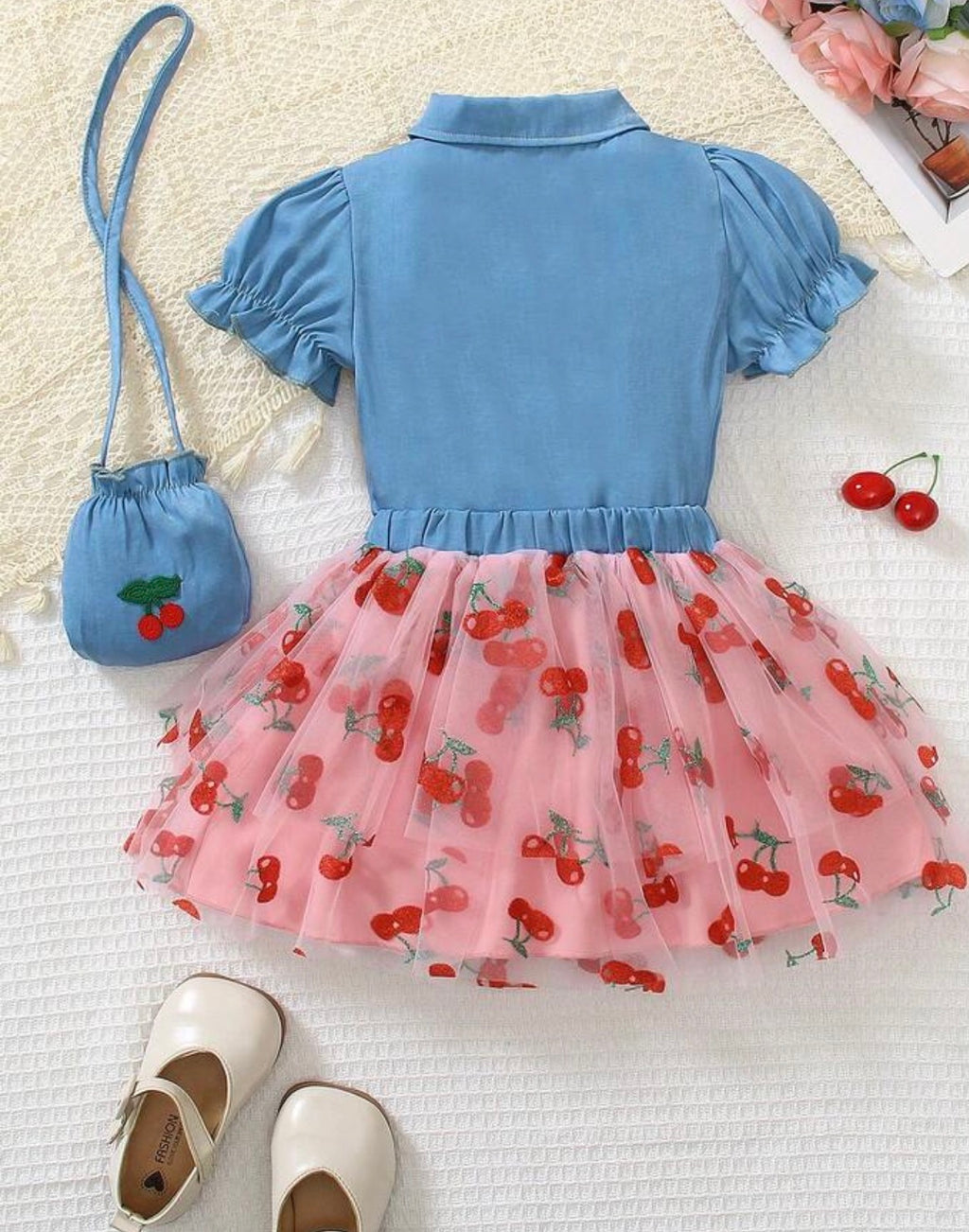 Girls Cherry Embroidered Puff Sleeve Top, Cherry Print Skirt & Bag 3-Piece Outfit Set