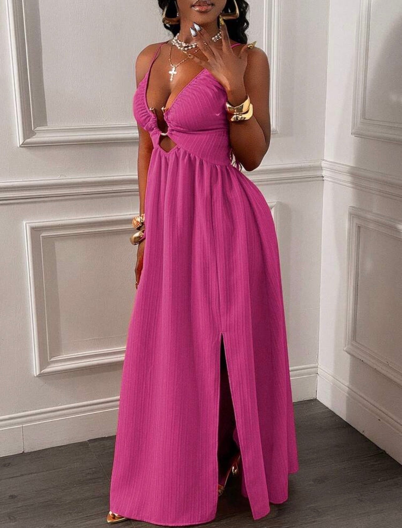Women’s Spaghetti Strap Backless Criss-Cross High Slit Ruched Hem Dress