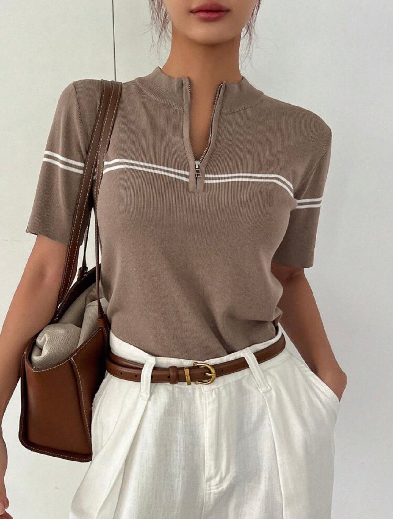 Women’s Business Casual Stand Collar Short Sleeve Knit Pullover Top