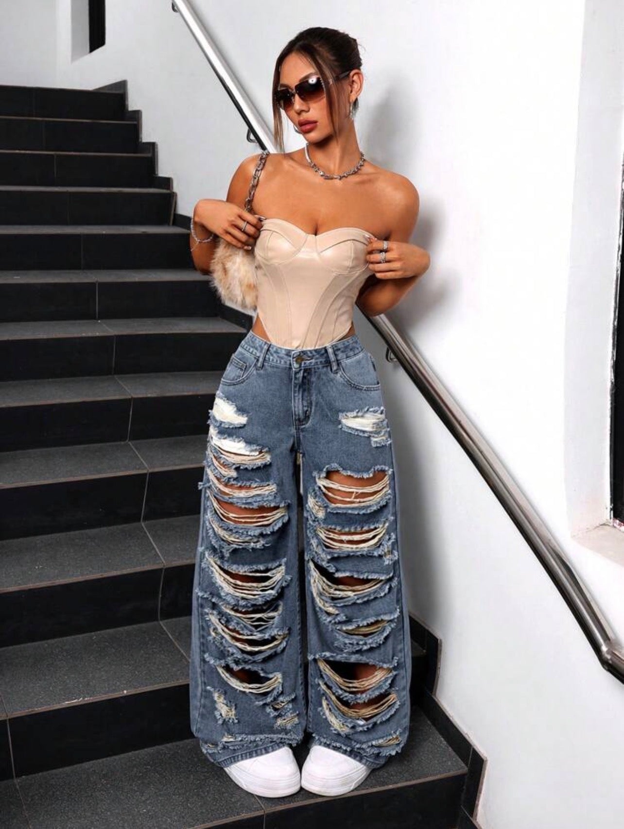 Women’s Distressed Loose Fit Wide Leg Denim Pants – Casual Streetwear Jeans