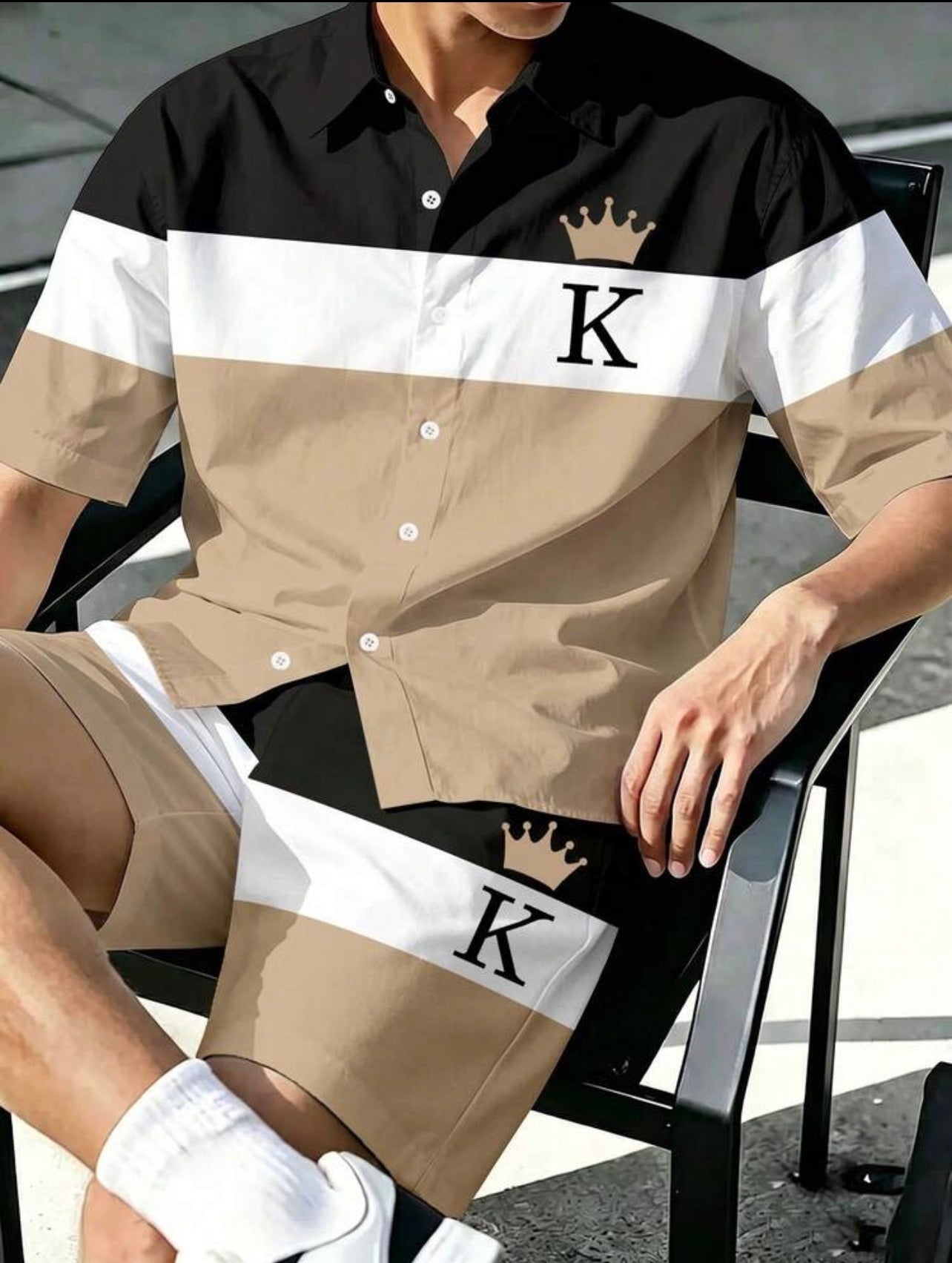 Men’s Contrast Color Button-Up Shirt & Shorts Two-Piece Set – Casual Vacation Outfit