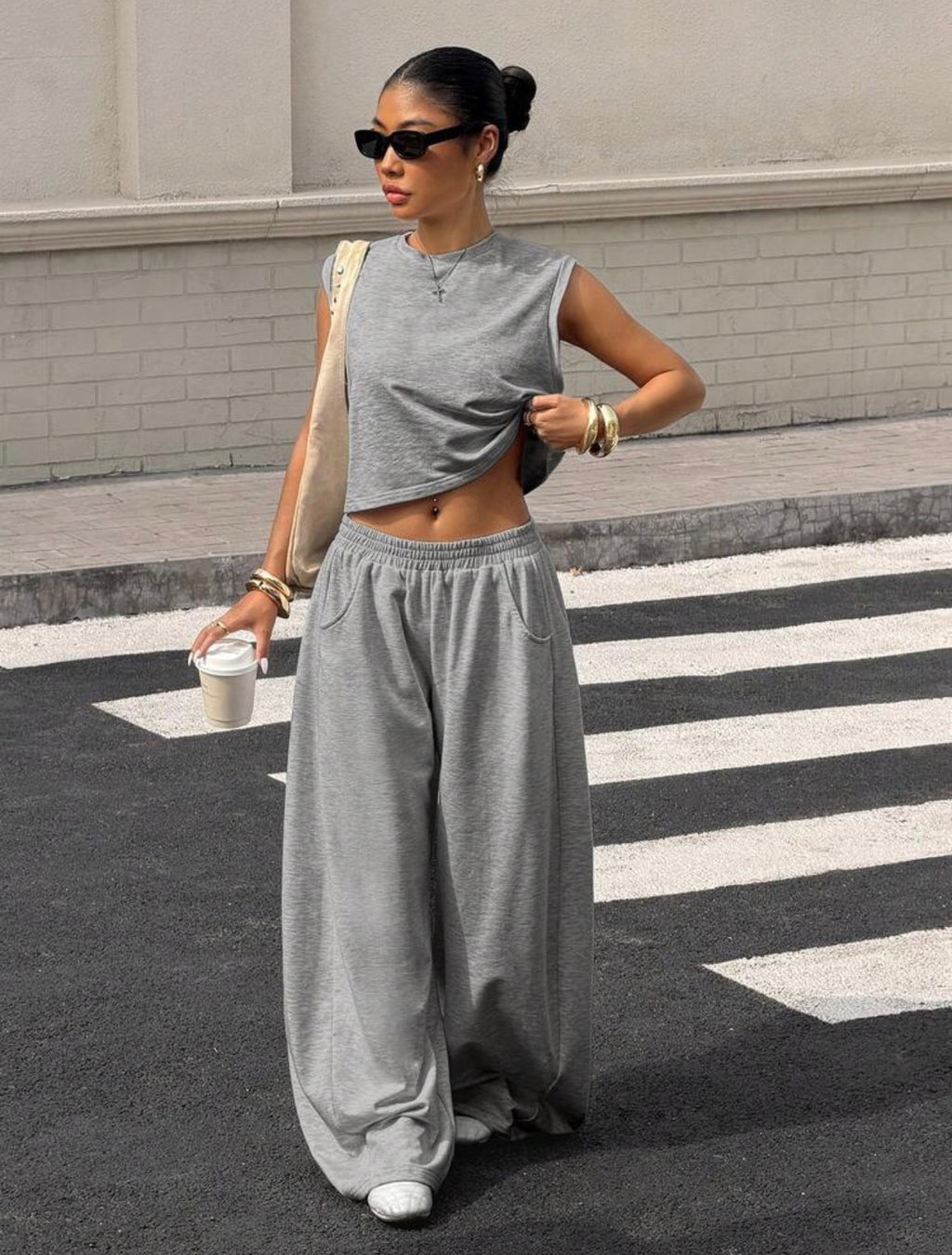 Women’s Grey Knit Casual Sweatsuit Two-Piece Set – Comfortable Co-Ord Outfit