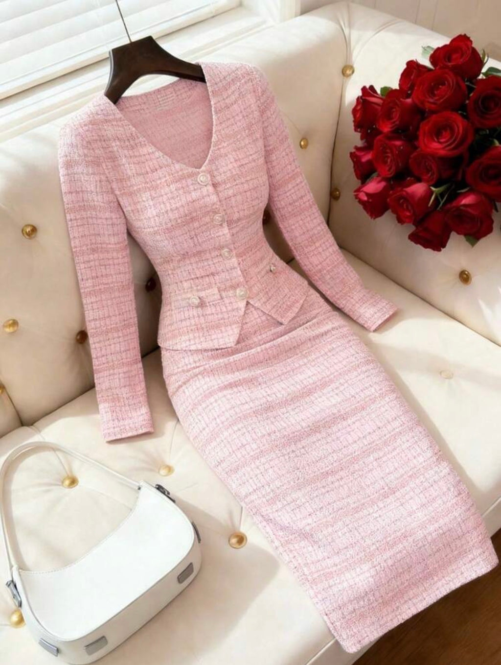 Women’s Elegant Tweed Pearl Button Cardigan & A-Line Skirt Two-Piece Set