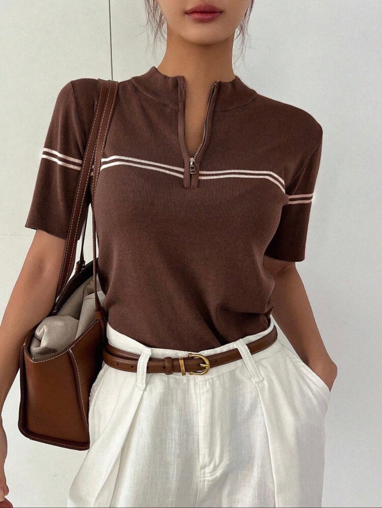 Women’s Business Casual Stand Collar Short Sleeve Knit Pullover Top
