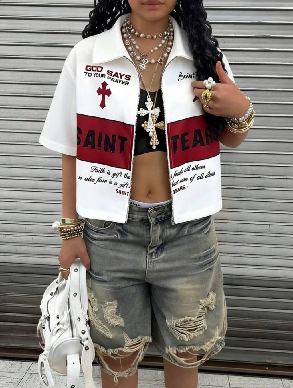 Women’s Collared Zipper Cross Logo Print Short Sleeve Casual Top