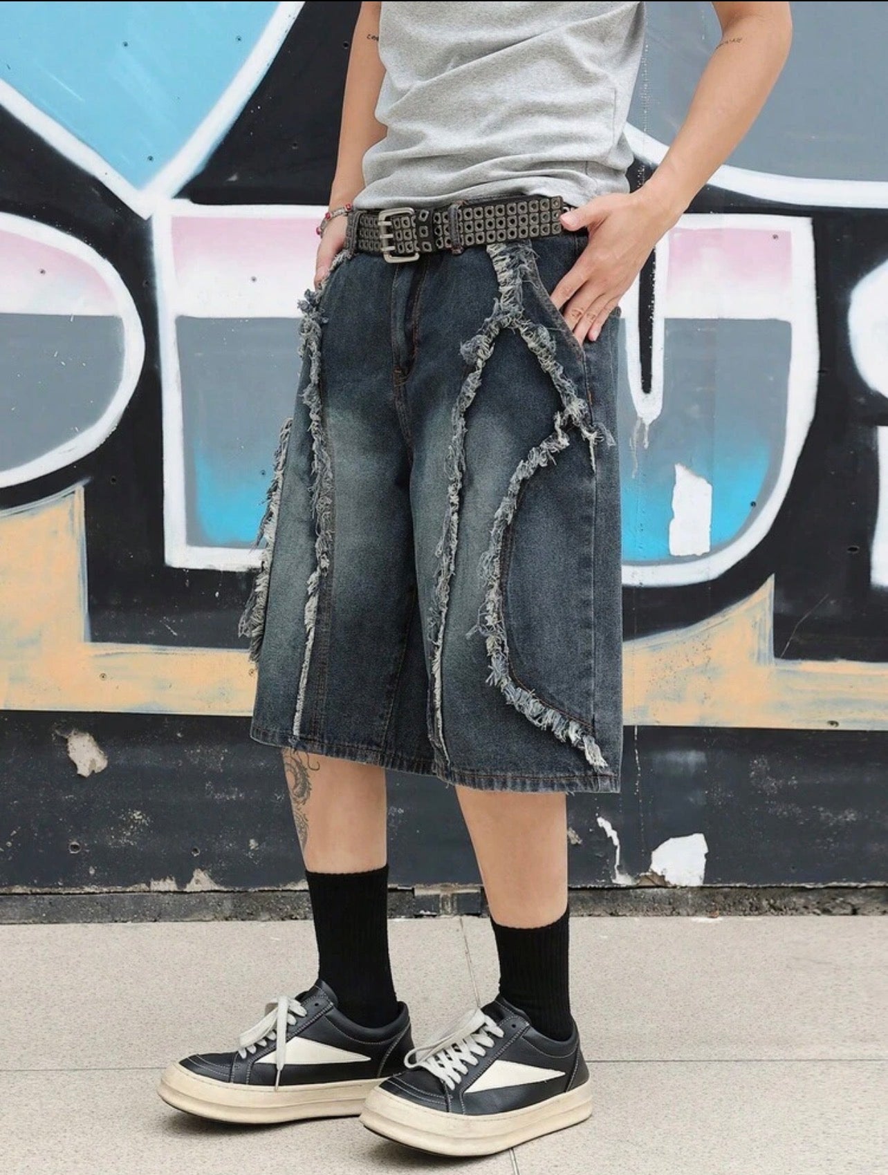 Men’s Distressed Wide Leg Jeans – Fashion Streetwear Denim Shorts