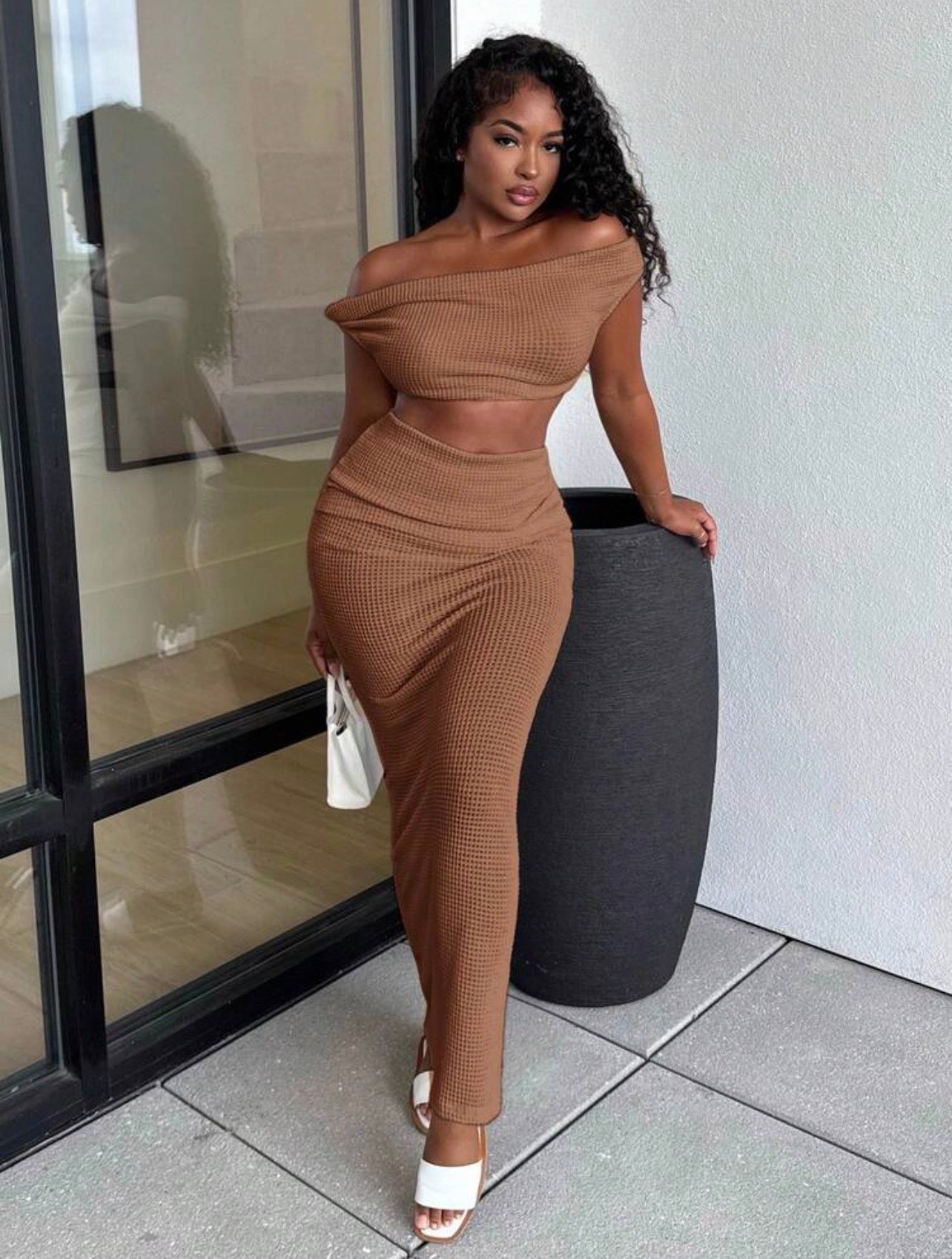 Women’s 2-Piece Crochet Knit Vacation Set – Asymmetrical Cutout Top & Fishtail Skirt