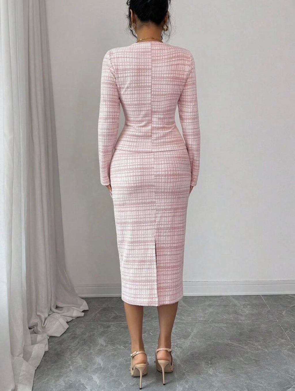 Women’s Elegant Tweed Pearl Button Cardigan & A-Line Skirt Two-Piece Set