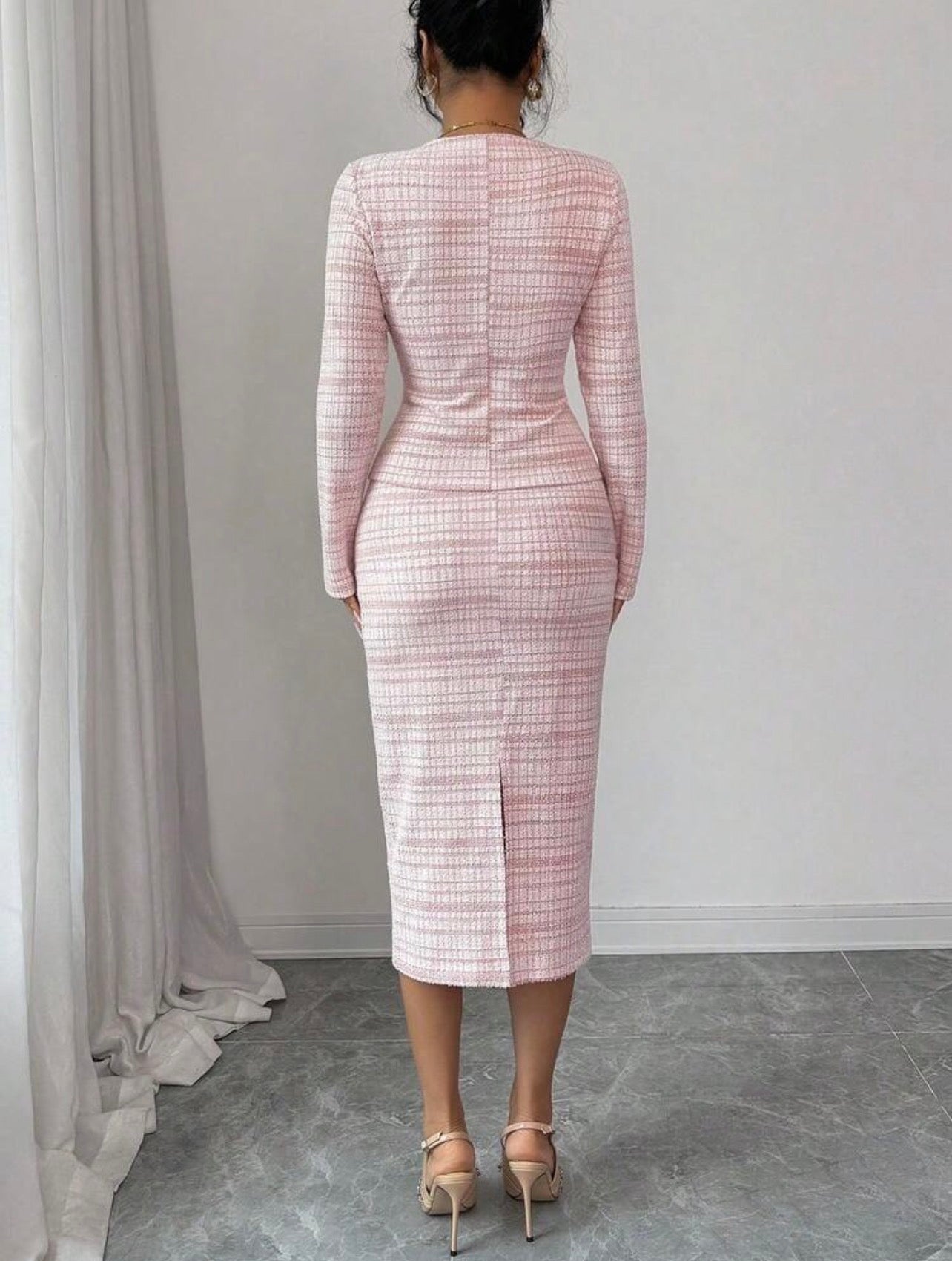 Women’s Elegant Tweed Pearl Button Cardigan & A-Line Skirt Two-Piece Set