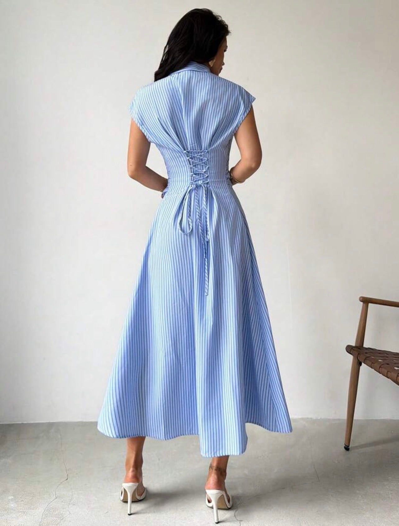 Women’s Striped Puff Sleeve Tie Waist A-Line Midi Shirt Dress – Elegant Casual & Office Wear