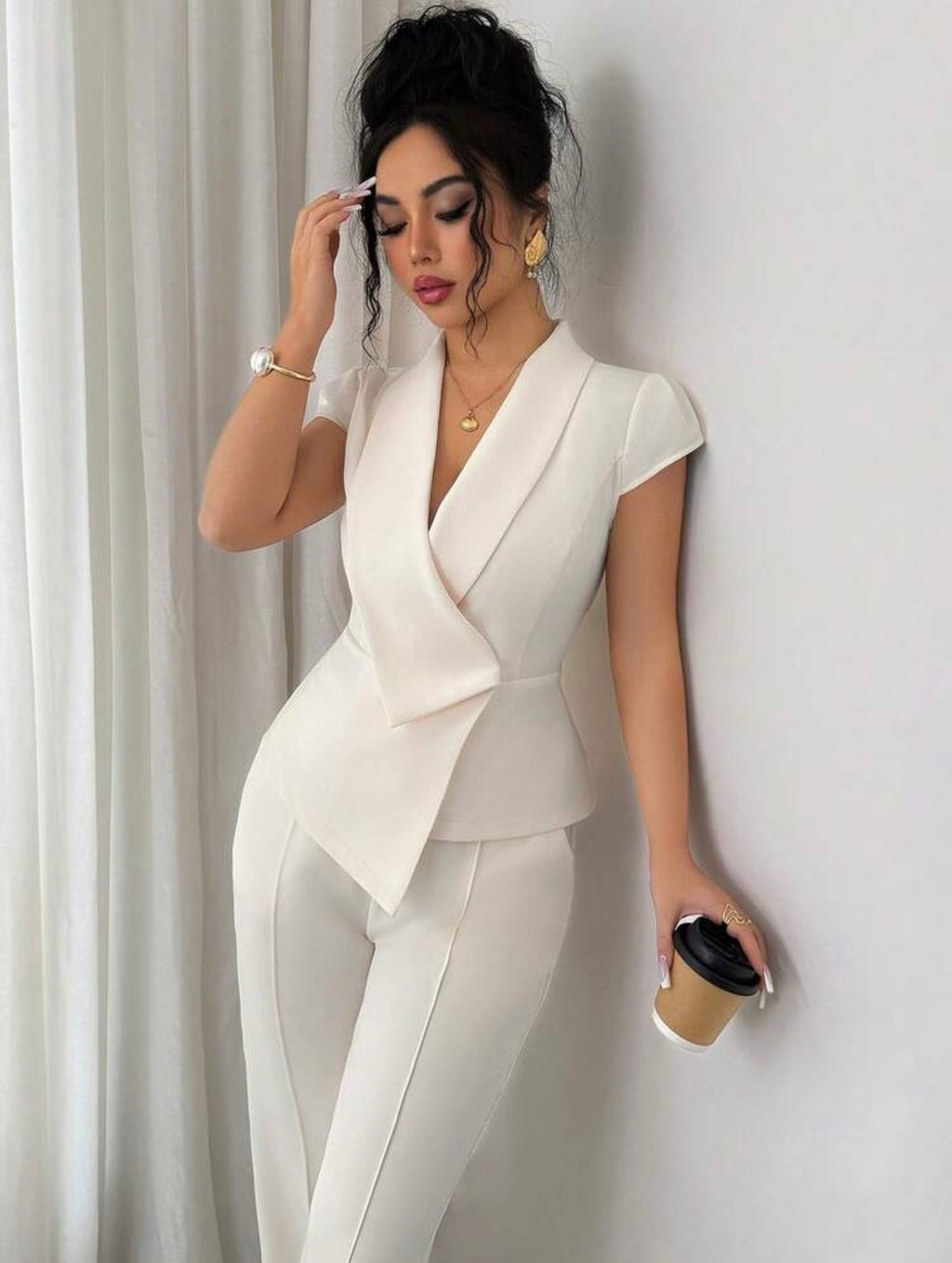 Women’s Elegant Asymmetrical Collar Puff Sleeve Blouse & Elastic Waist Pants Two-Piece Set