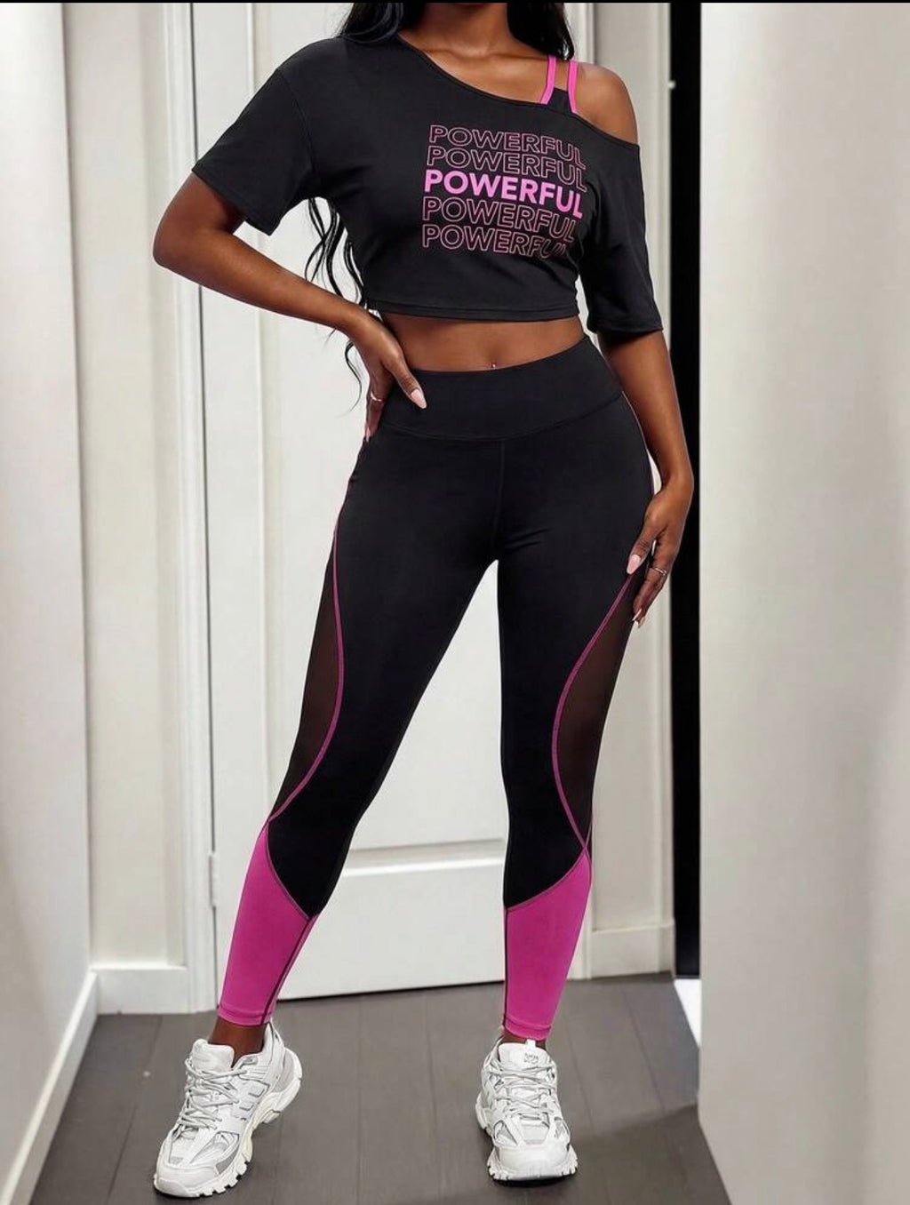 Women’s Letter Print Cropped T-Shirt, One-Shoulder Vest & Leggings Workout Set