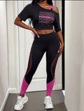 Women’s Letter Print Cropped T-Shirt, One-Shoulder Vest & Leggings Workout Set