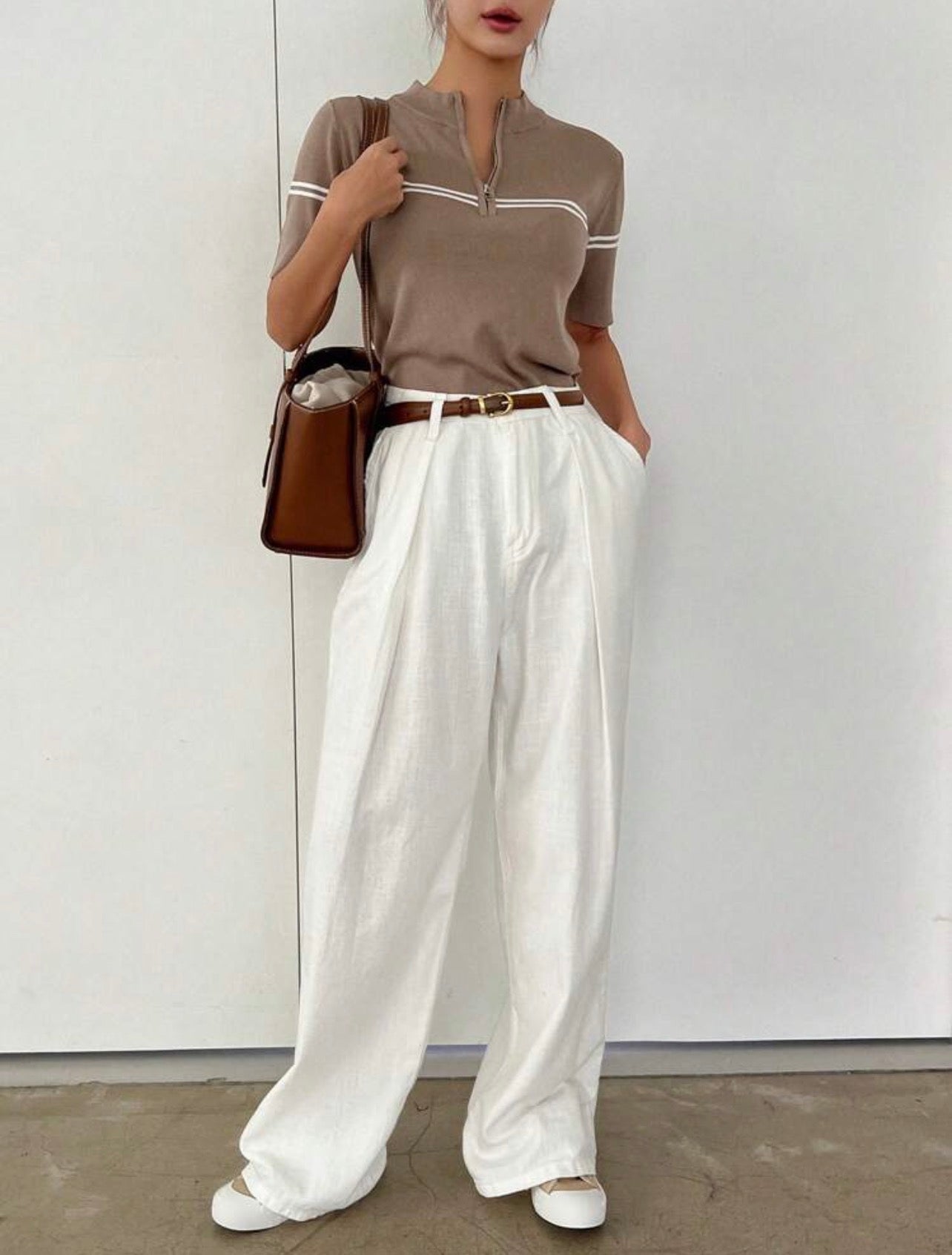 Women’s Business Casual Stand Collar Short Sleeve Knit Pullover Top