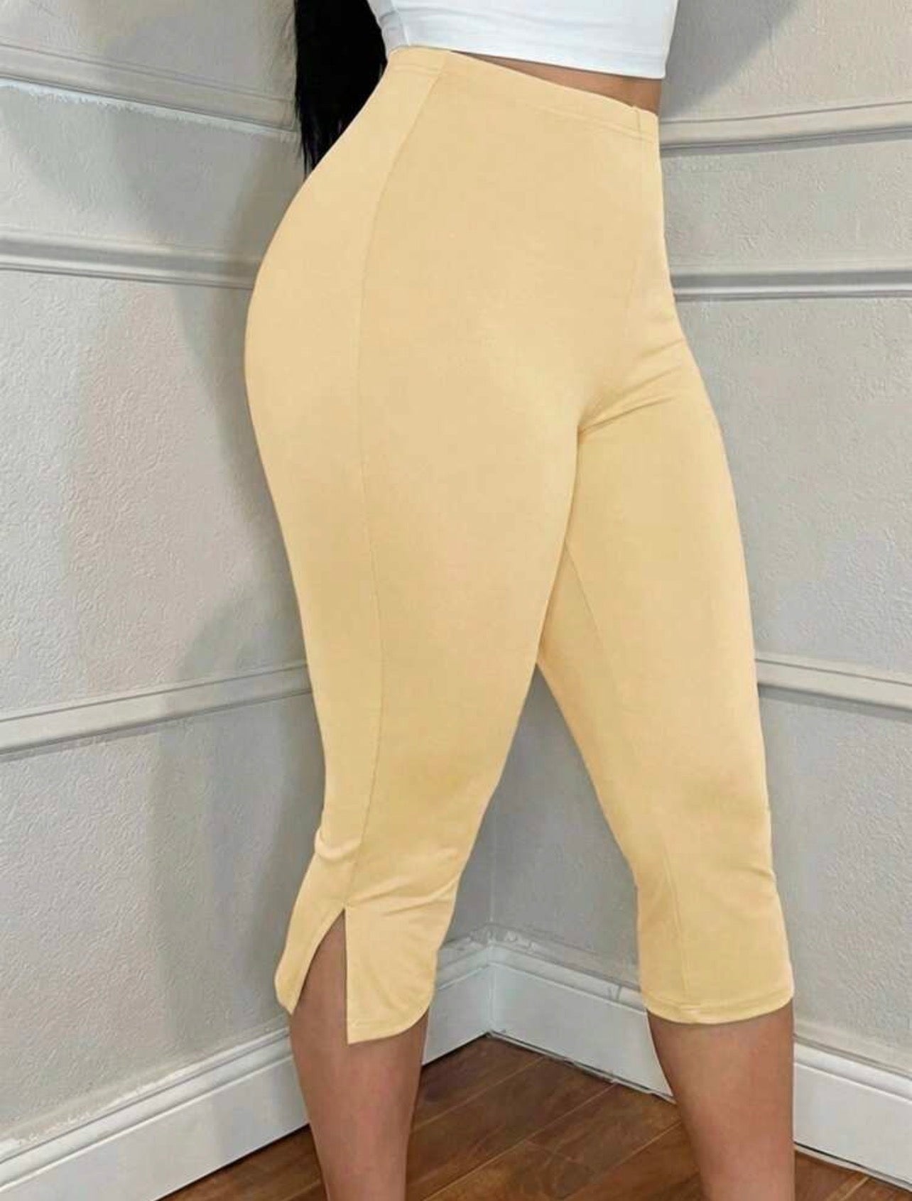 Women’s High Waist Skinny Split Hem Cropped Leggings – Casual Versatile Capris