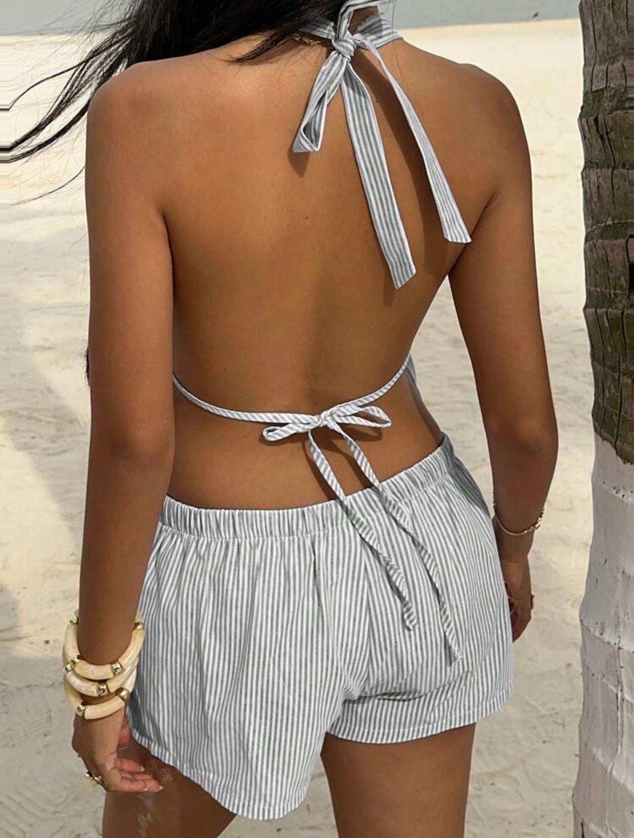 Women’s 2-Piece Linen Backless Tie-Up Vest & Frill Waist Shorts Set