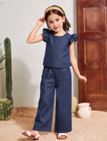 Girls Navy Blue Denim Loose Top & Pants Casual 2-Piece Summer Set