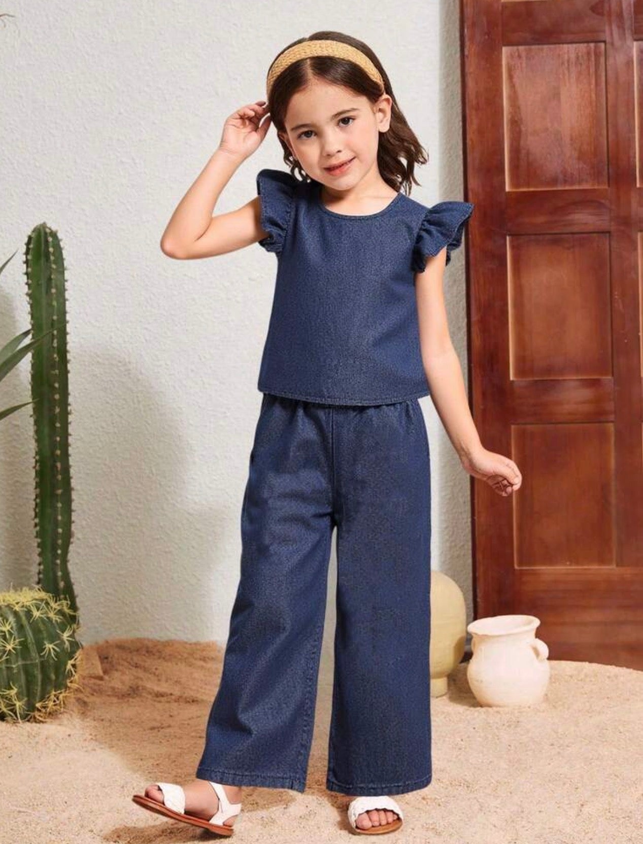 Girls Navy Blue Denim Loose Top & Pants Casual 2-Piece Summer Set
