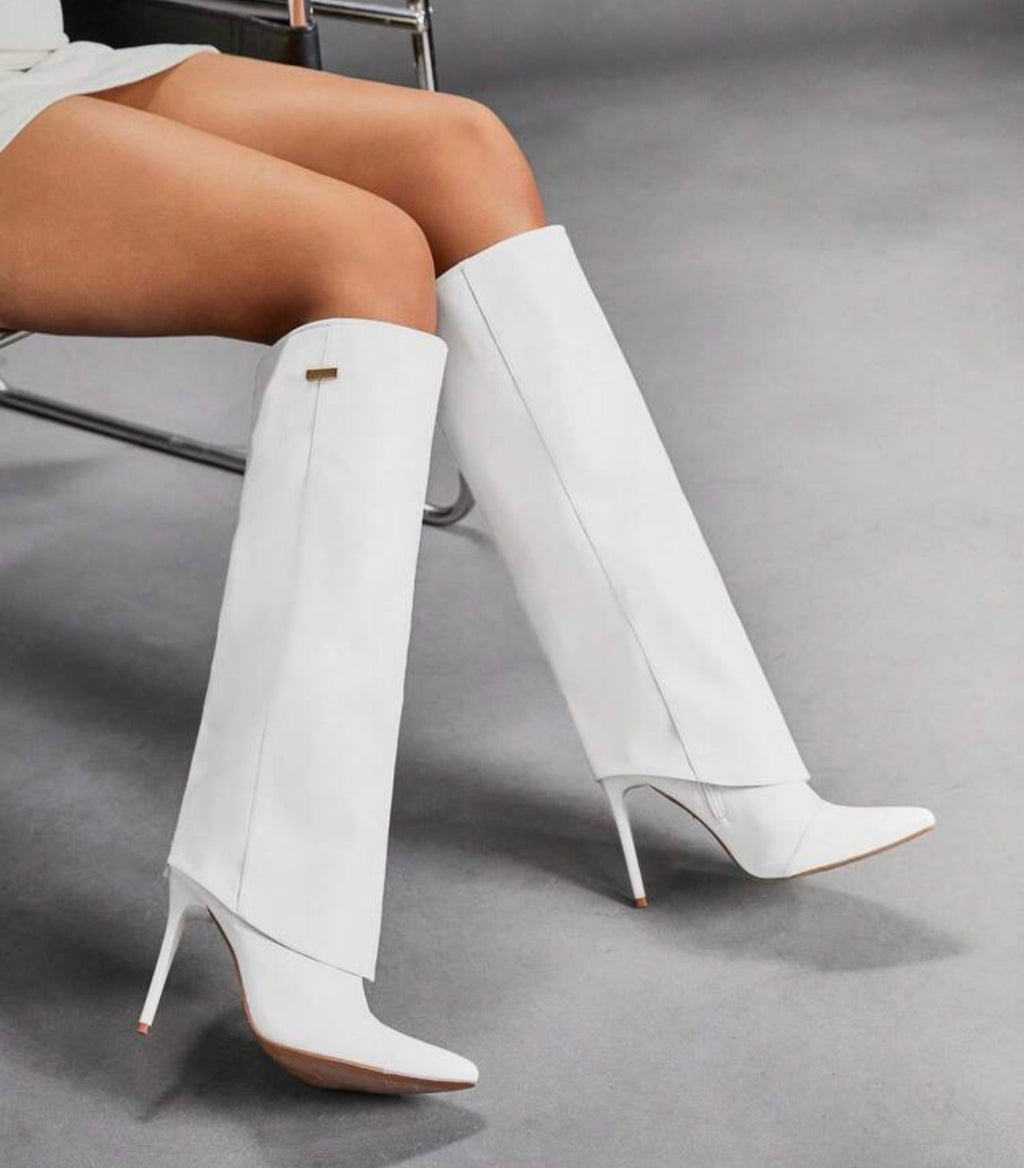 Women’s White Pointed Toe Knee-High Boots with Metal Accent & Slim High Heel