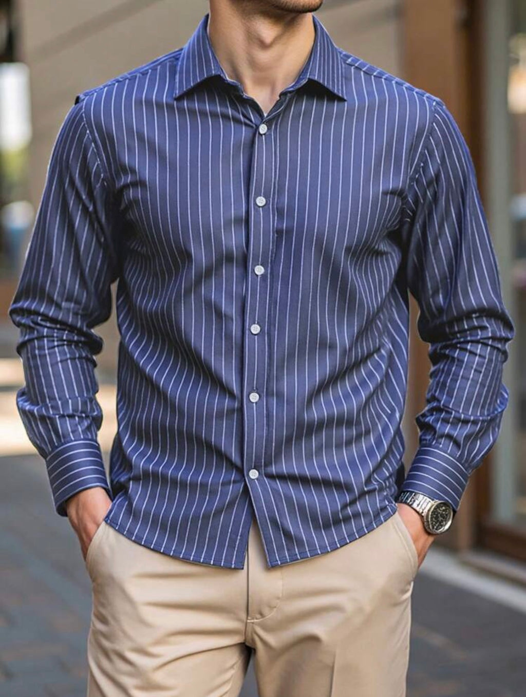 Men’s Striped Long Sleeve Formal Shirt – Casual Business Top