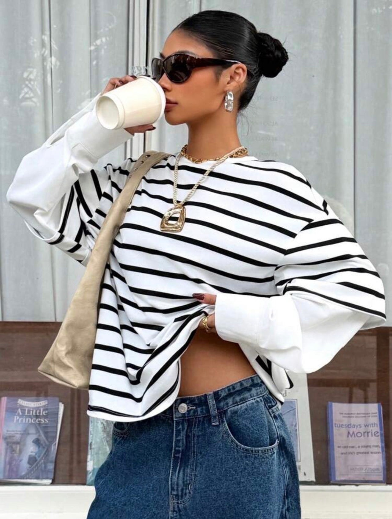 Women’s 2-in-1 Black Striped Patchwork Round Neck Loose Long Sleeve T-Shirt – Casual Top