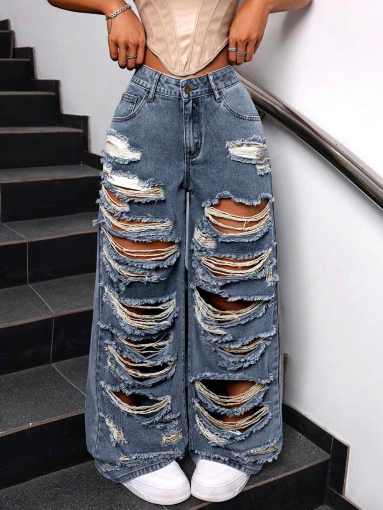 Women’s Distressed Loose Fit Wide Leg Denim Pants – Casual Streetwear Jeans