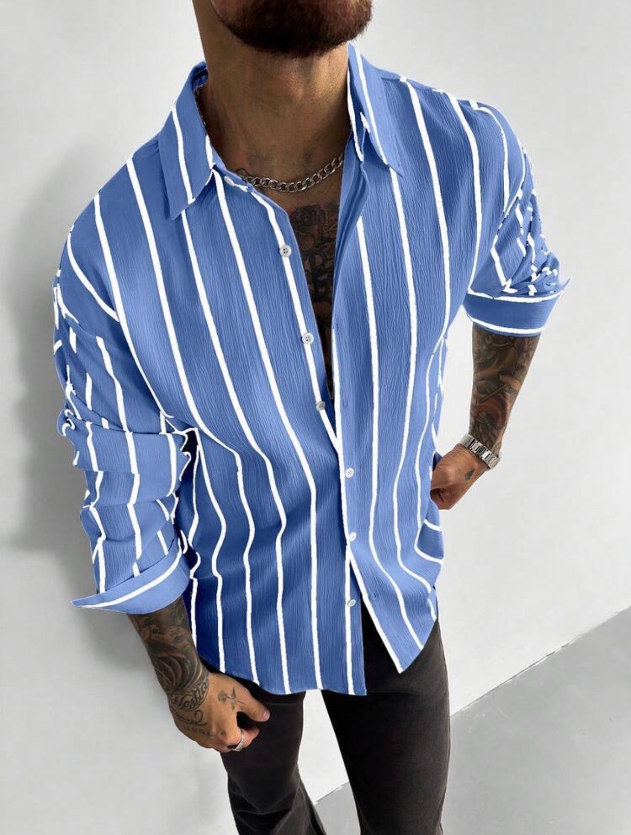 Men’s Classic Striped Linen-Feel Long Sleeve Button-Down Shirt – Casual Office Top