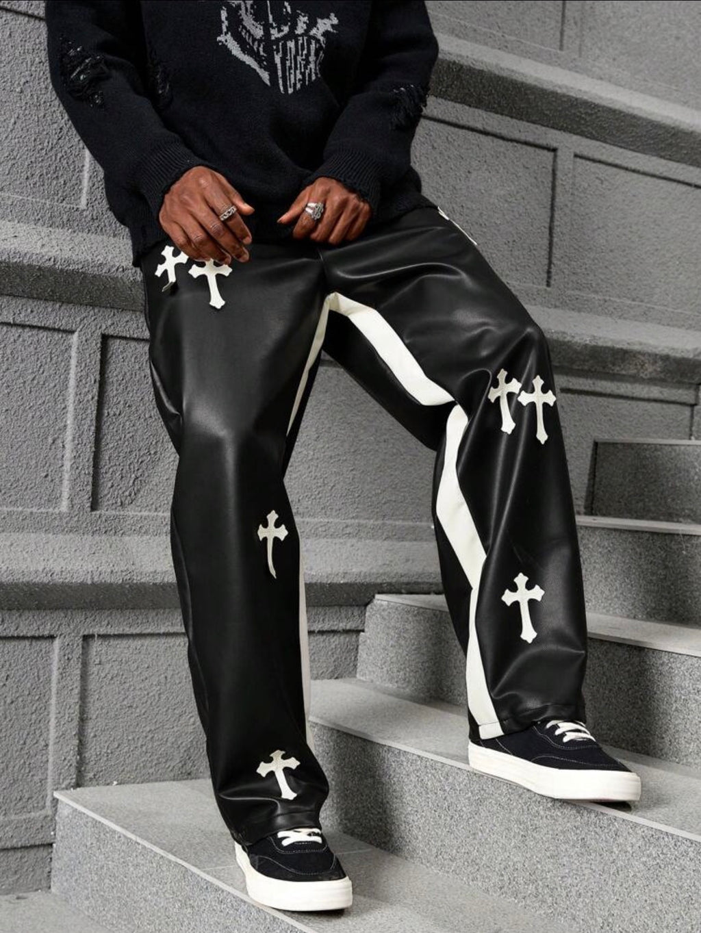 Men’s Cross Print Color Block PU Leather Baggy Pants – Casual Streetwear Trousers