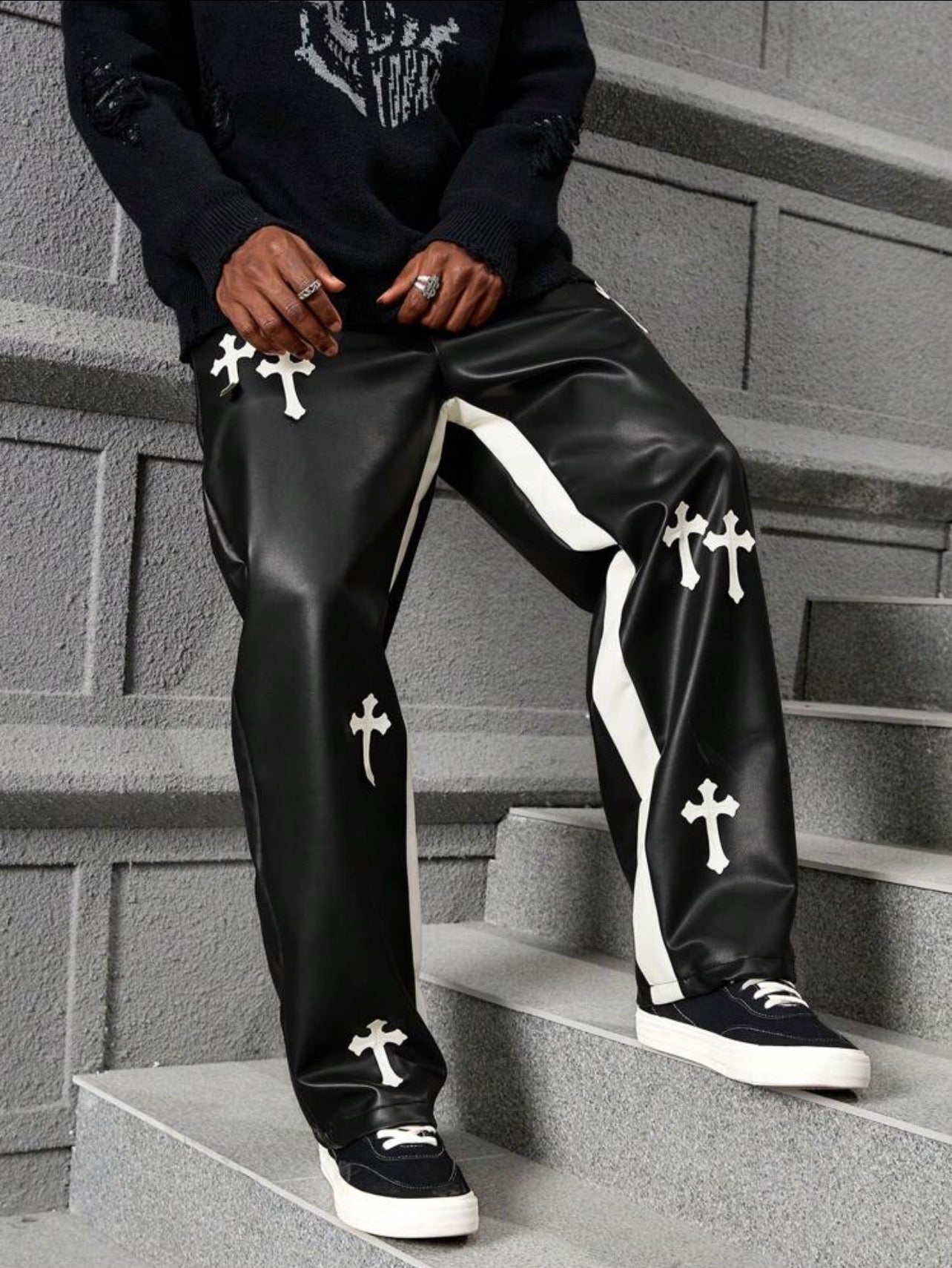 Men’s Cross Print Color Block PU Leather Baggy Pants – Casual Streetwear Trousers