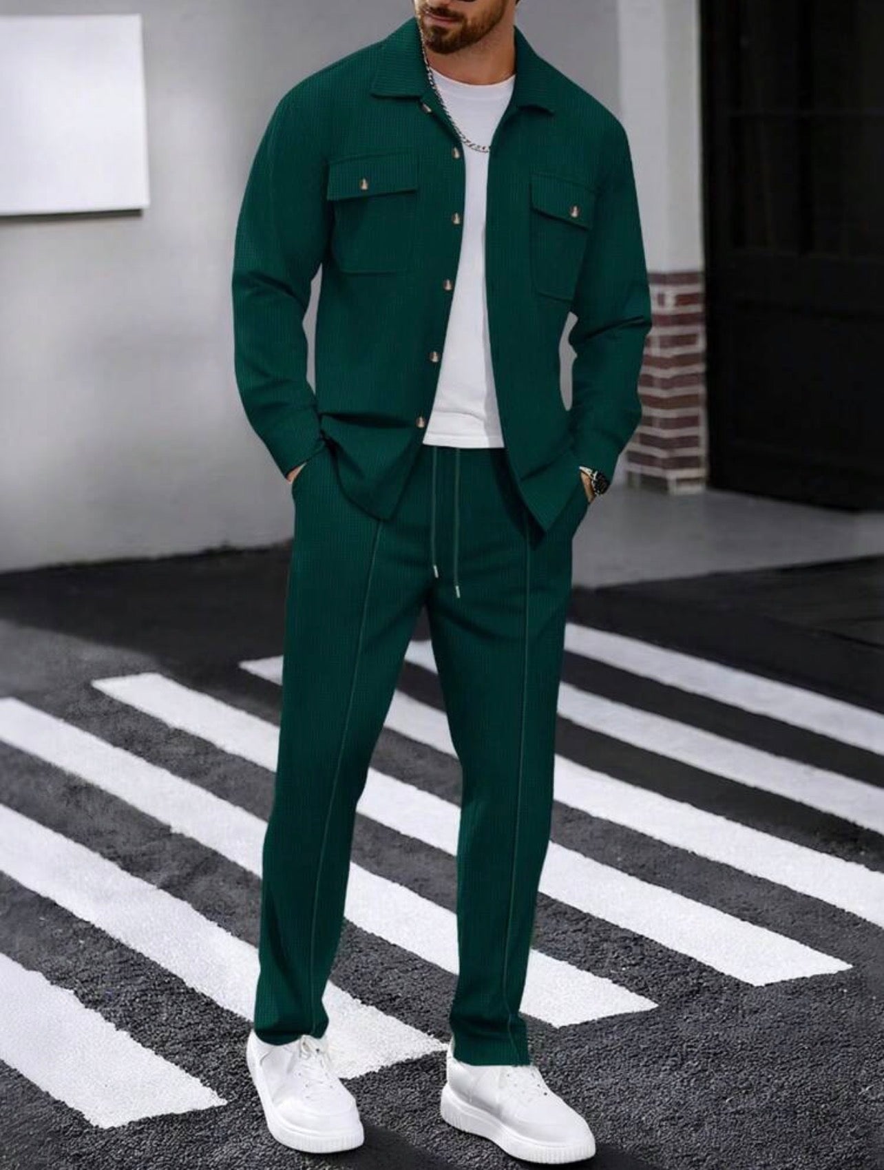 Men’s Solid Color Collared Shirt with Pockets & Pants Two-Piece Casual Set – Leisure Outfit
