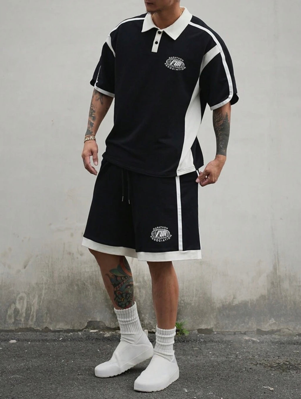 Men’s Letter Print Color Block Polo Shirt & Shorts Two-Piece Summer Set