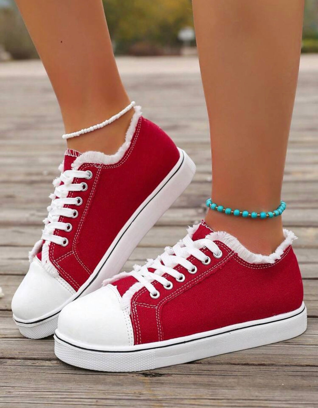 Women’s Round Toe Lace-Up Canvas Sneakers with Frayed Detail for Everyday Casual Wear