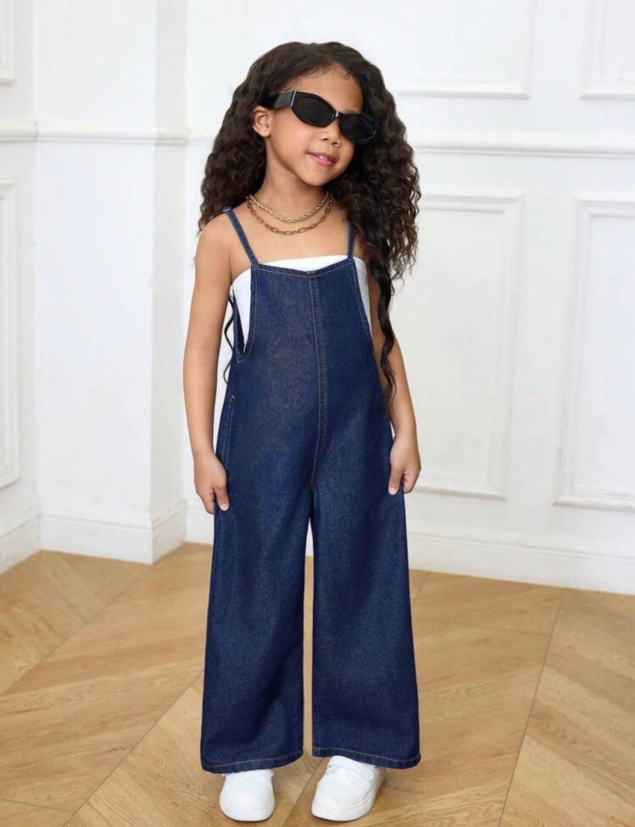 Girls Dark Blue Denim Halter Jumpsuit for Casual Vacation & Summer Wear