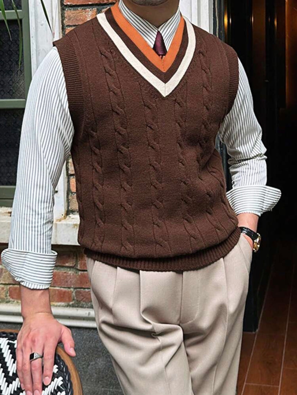 Men’s Collegiate Patchwork Cable Knit V-Neck Sweater Vest – Casual Layering Top