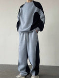 Men’s Contrast Color Long Sleeve Sweatshirt & Sweatpants Two-Piece Set – Casual Cozy Outfit