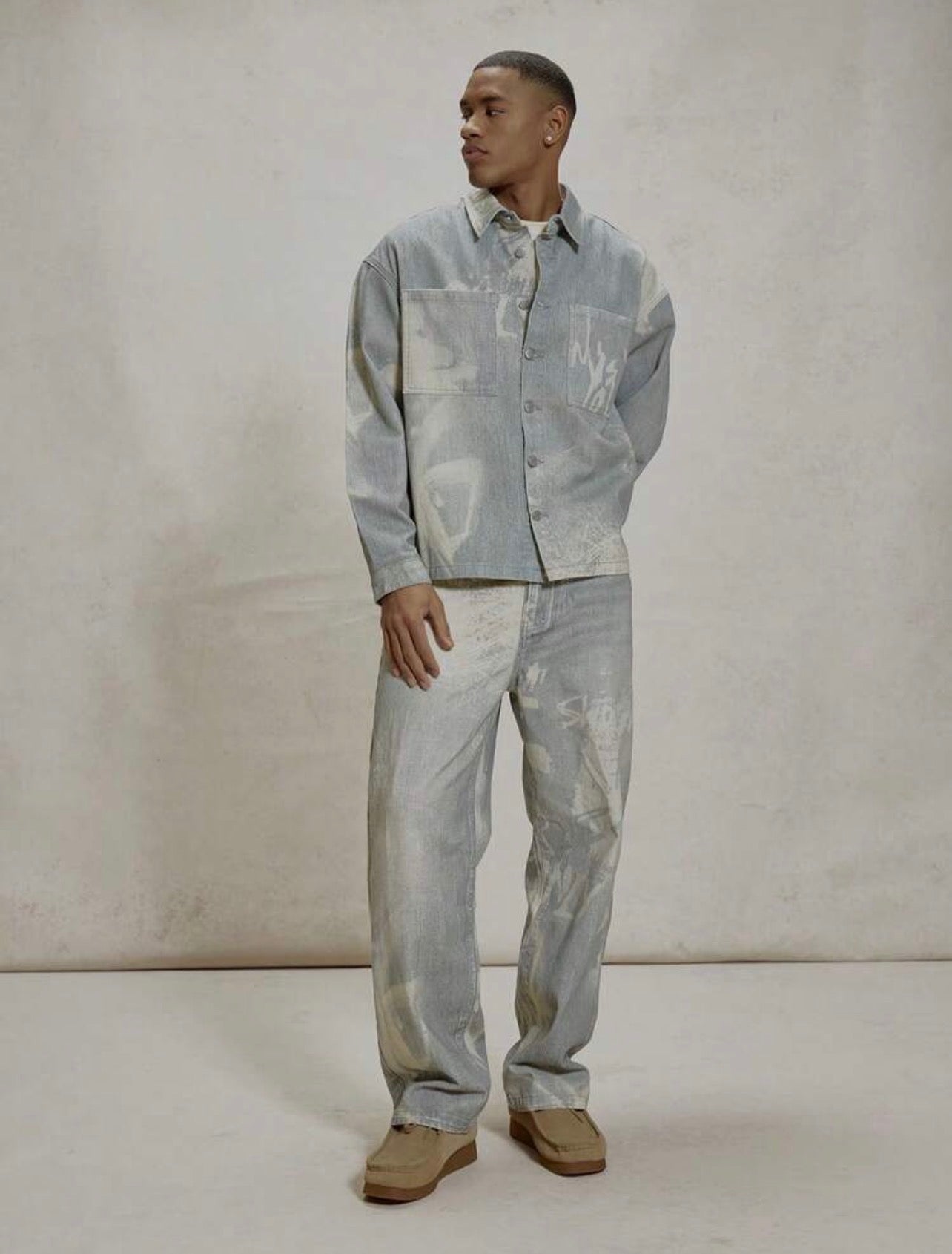 Men’s Oversized Boxy Printed Collared Button-Up Shirt – Drop Shoulder Coord Top