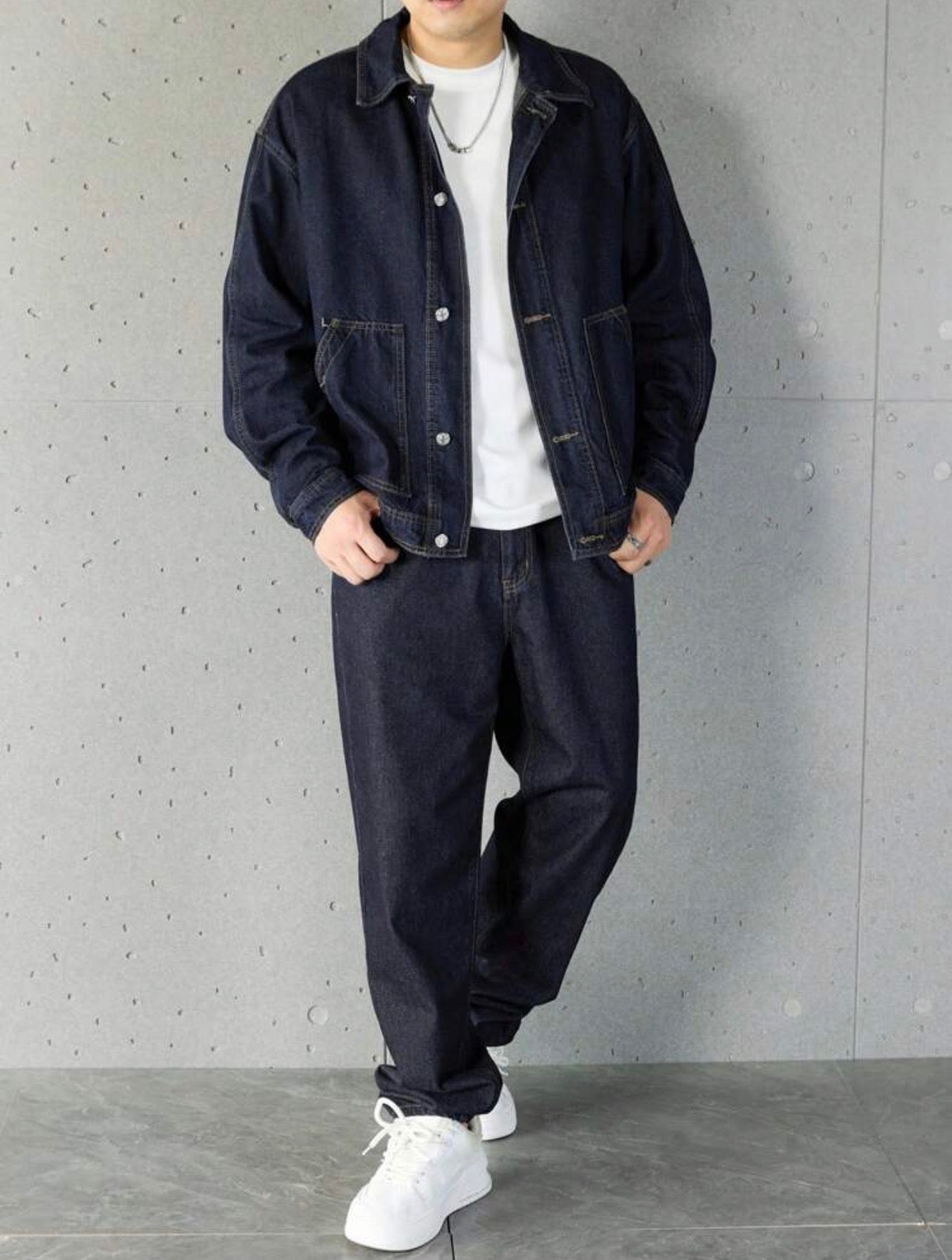 Men’s Solid Color Denim Two-Piece Set – Long Sleeve Top & Pants Casual Outfit