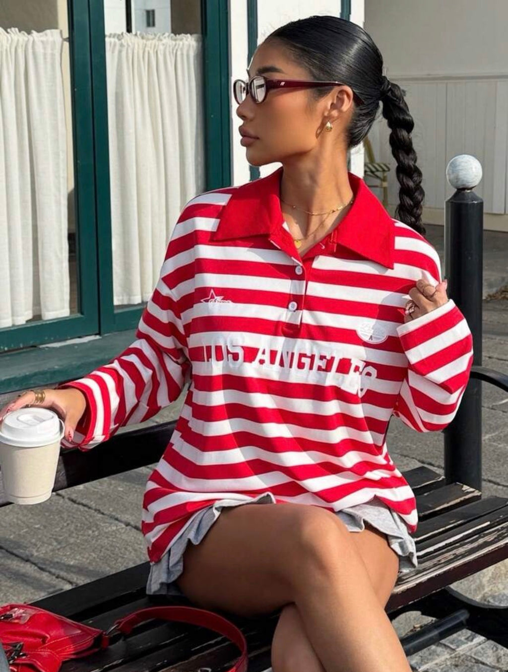 Women’s Red Striped Letter Print Long Sleeve T-Shirt – Casual Streetwear Top