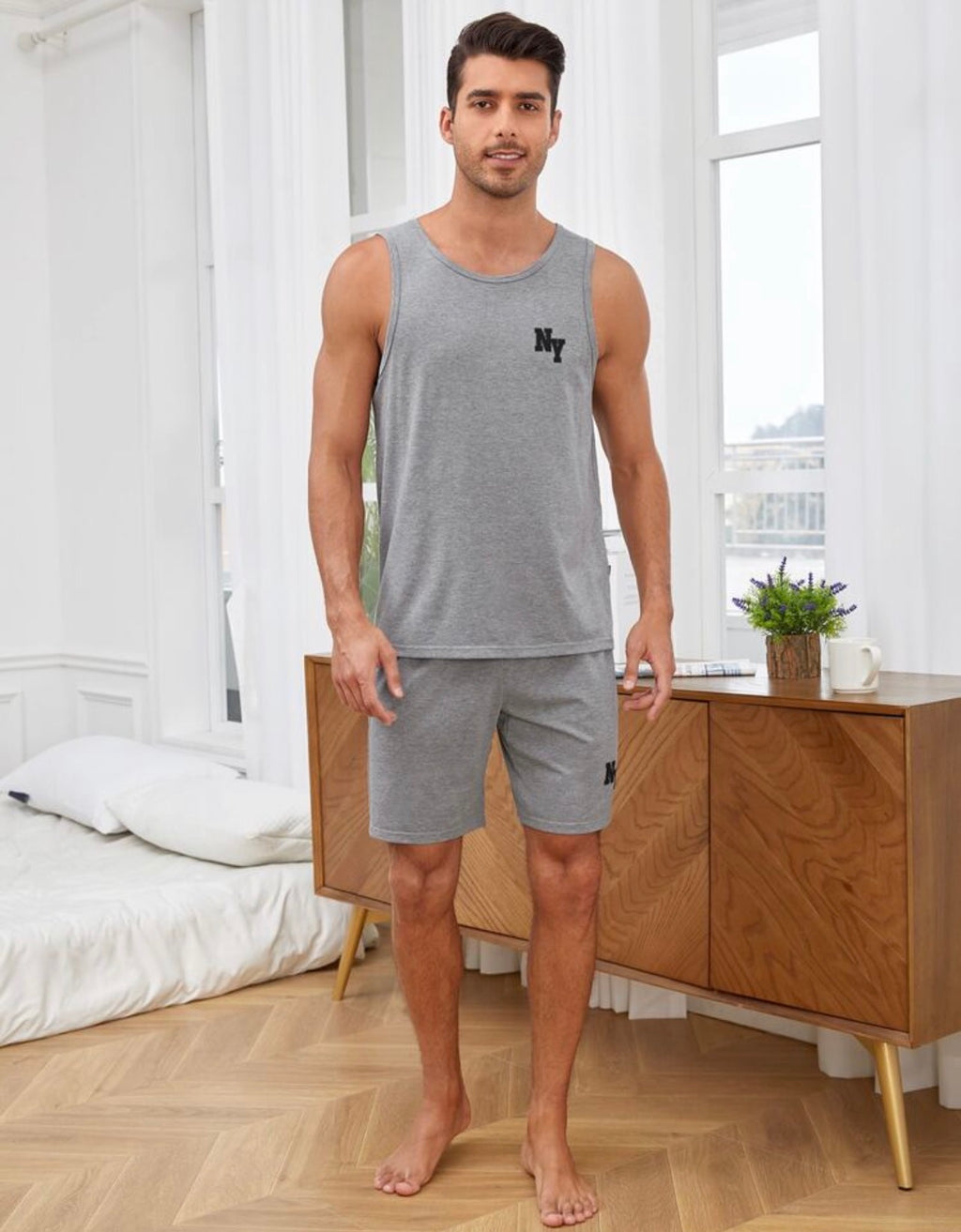Men’s Graphic Letter Print Pajama Set, Comfortable Sleepwear Loungewear Two-Piece Set.