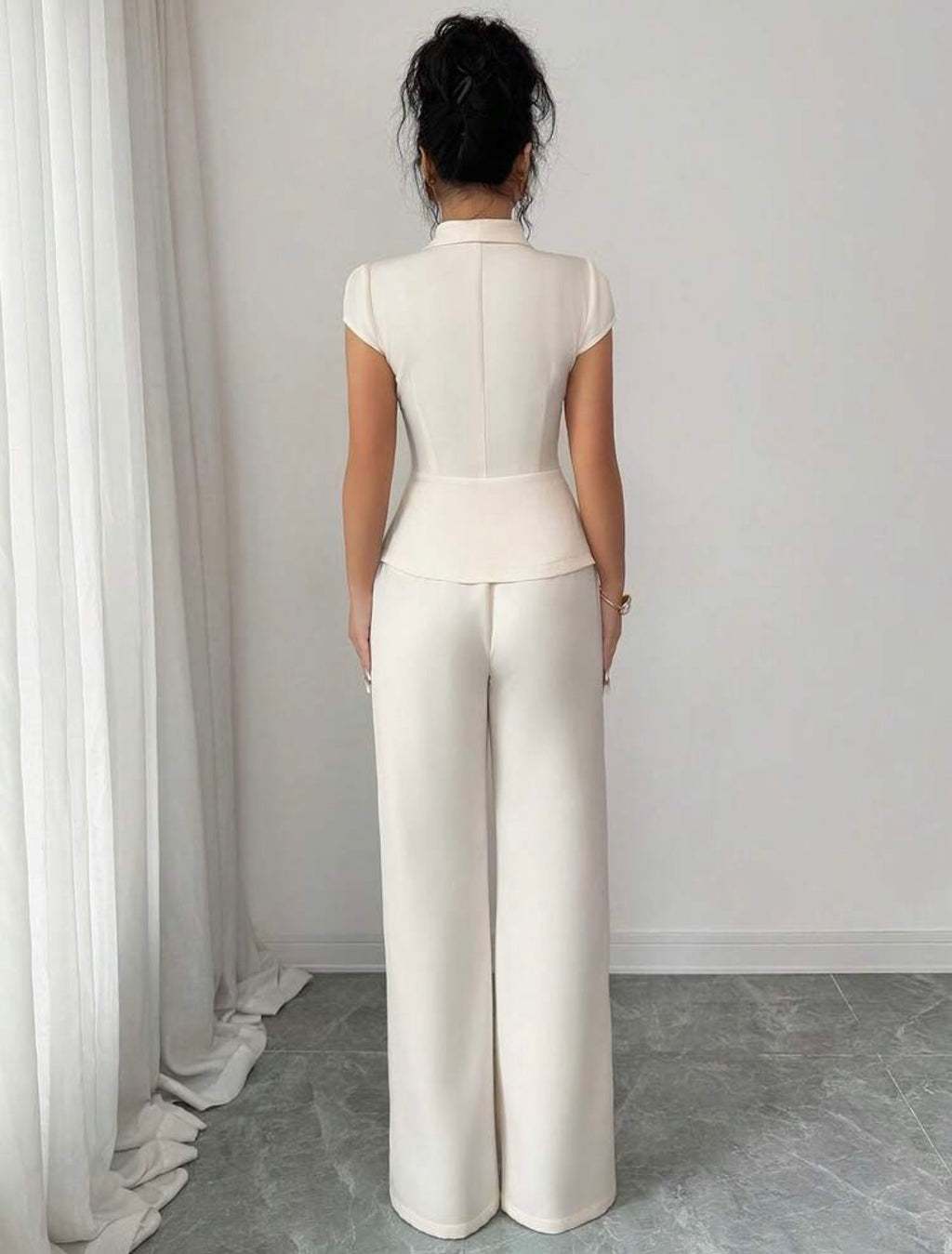 Women’s Elegant Asymmetrical Collar Puff Sleeve Blouse & Elastic Waist Pants Two-Piece Set