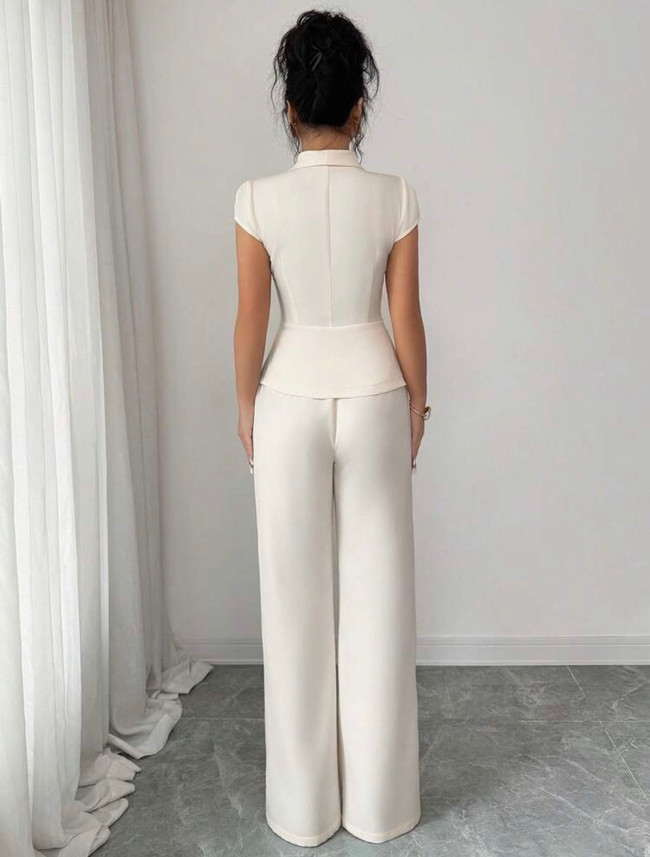 Women’s Elegant Asymmetrical Collar Puff Sleeve Blouse & Elastic Waist Pants Two-Piece Set