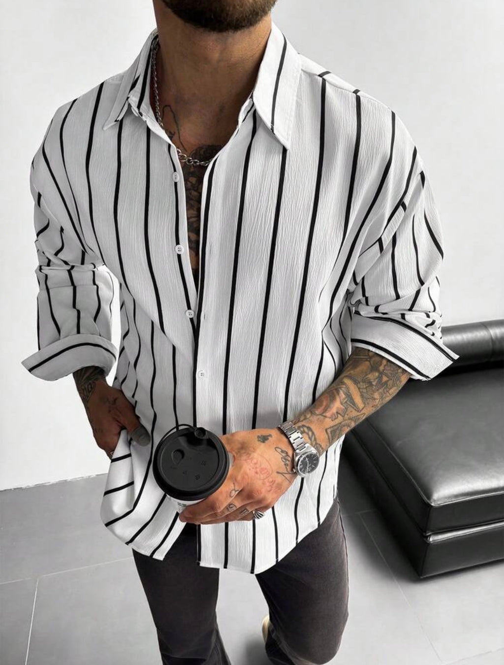 Men’s Classic Striped Linen-Feel Long Sleeve Button-Down Shirt – Casual Office Top