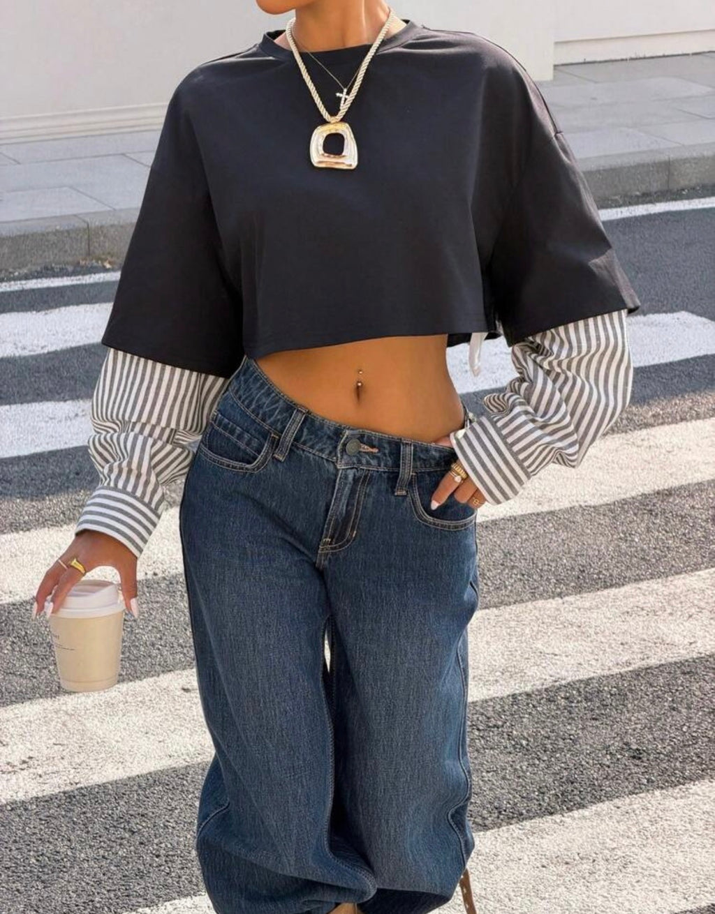 Women’s 2-in-1 Round Neck Loose Long Sleeve Cropped T-Shirt – Casual Fall Top