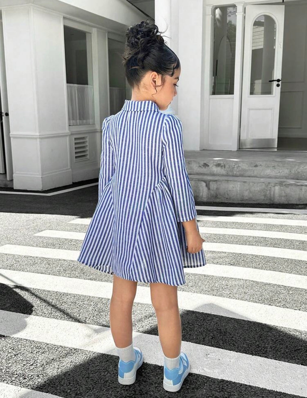 Girls & Mom Matching Striped Collar Belted Long Sleeve Dress for Casual Wear