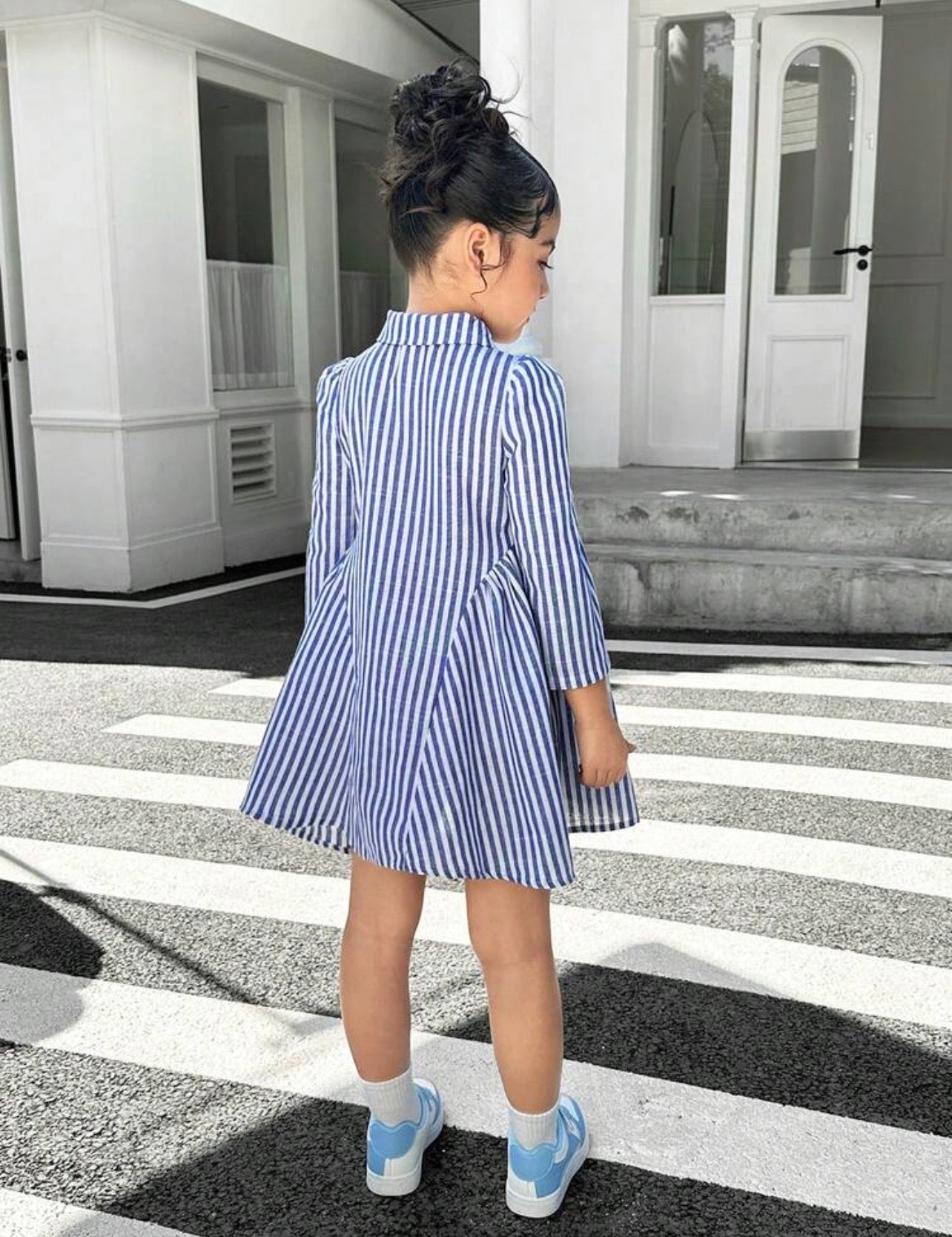 Girls & Mom Matching Striped Collar Belted Long Sleeve Dress for Casual Wear
