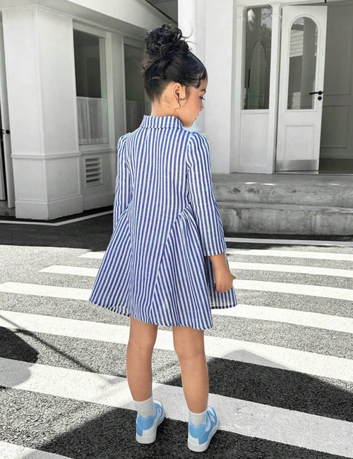 Girls & Mom Matching Striped Collar Belted Long Sleeve Dress for Casual Wear