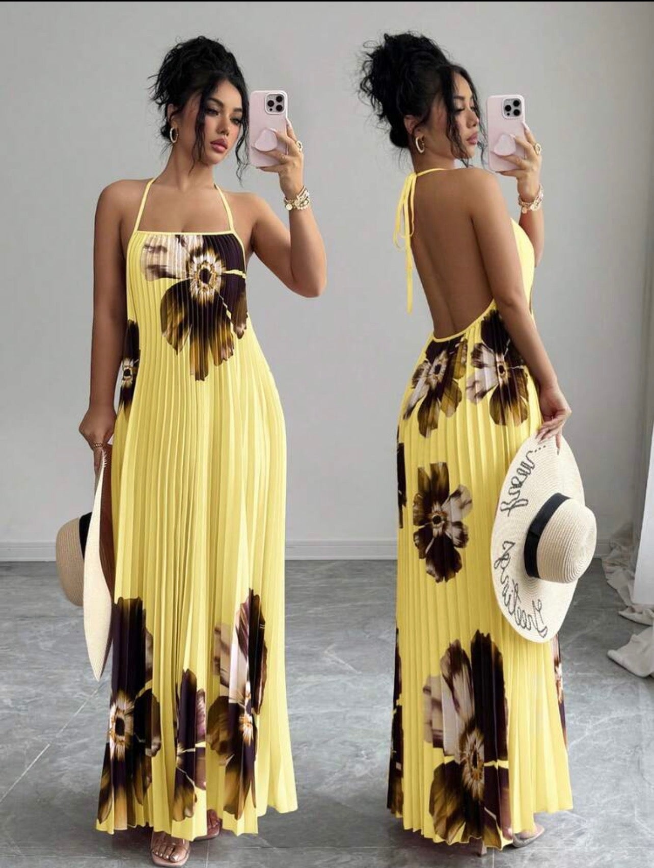 Women’s Loose Fit Pleated Printed Maxi Dress – Elegant Casual Vacation Style