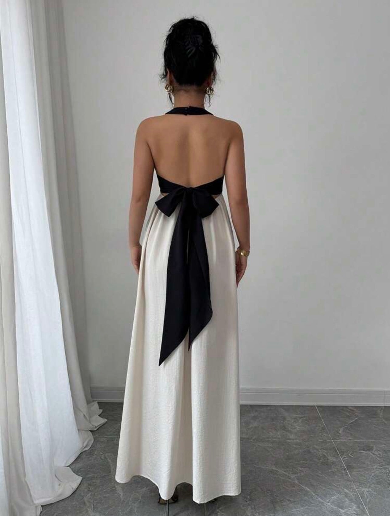 Elegant Color Block Halter Backless Bowknot Strap Sleeveless Maxi Dress – Casual Resort We